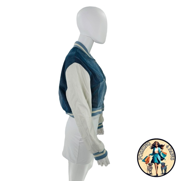 EB Denim Cropped Varsity Denim Patchwork Leather Jacket in Blue & White Size L - Picture 9 of 14